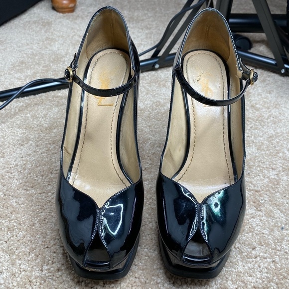 YSL- Tribute Black Patent Leather Mary Jane Peep Toe Platform Heel - Picture 11 of 14
